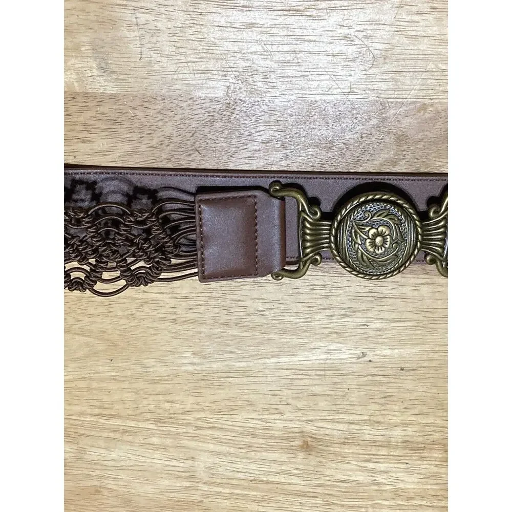 Brown Bonded Leather Belt Braided Woven Brass‎ Buckle Sz L